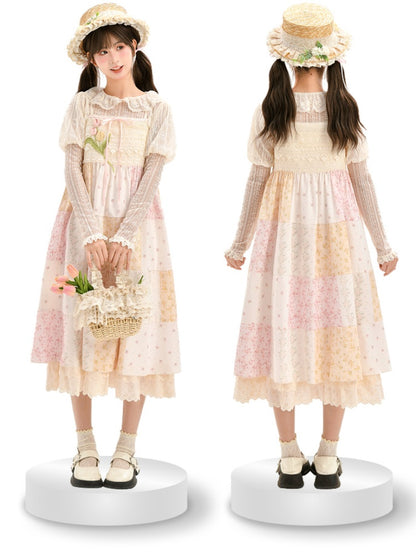 Mori Kei Beige & Pink Tulip Floral Patchwork Summer Dress