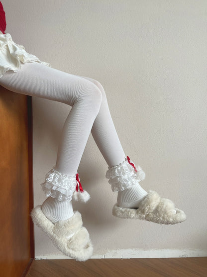 Socks Ruffle Multi-Layer Pom-Pom Lolita with 3 Colors Decoration