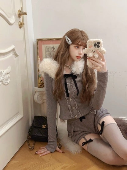 Pocket Lace-Trimmed Black With Gray Shorts Detail Bow Fleece Knit