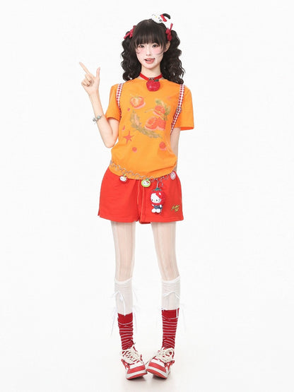 Cute Orange-Red Letter-Printed Drawstring Summer Shorts - Languid Park