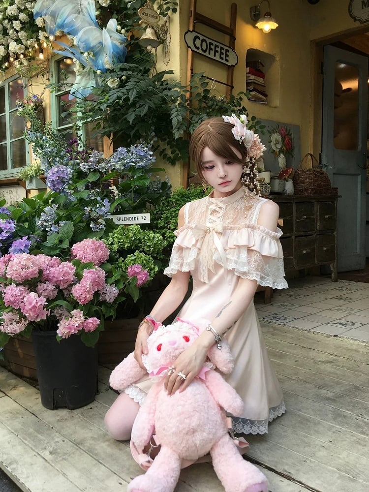 Pink Jirai Delicate Dress in Off-Shoulder Kei - Neckline Illusion Pure Polished