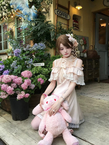 Pink Jirai Delicate Dress in Off-Shoulder Kei - Neckline Illusion Pure Polished