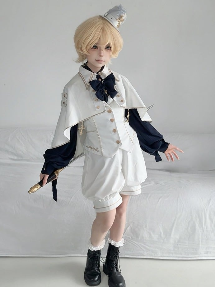 Ouji Lolita 4-Piece Set White Vest Blue Blouse Shorts & Bow - Castle Too