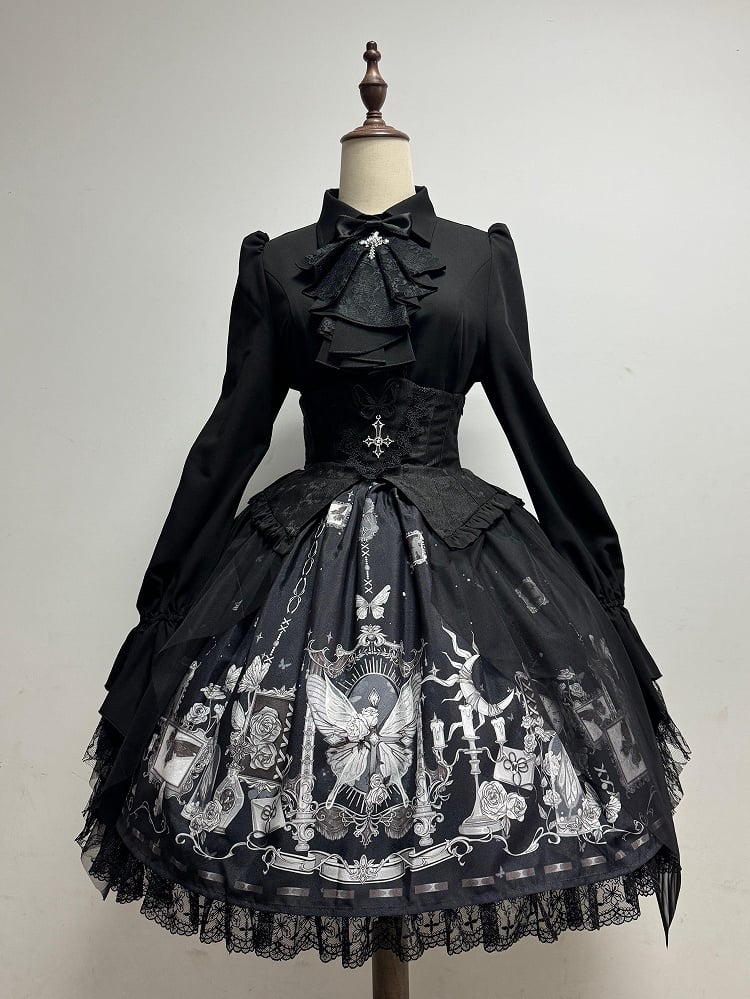 Lolita Long Sleeves with Jabot Black Detachable Shirt Gothic