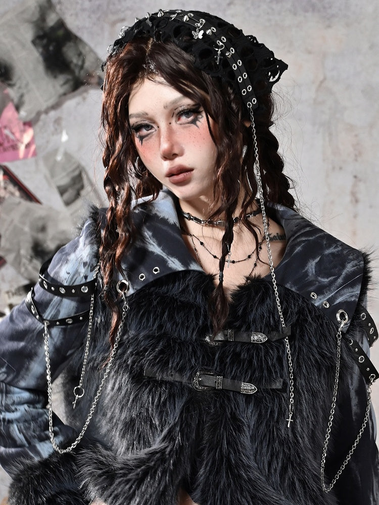 グランジ パンクロック ブラック スタッズ メッシュ トライアングル スカーフ KC クロスチャーム チェーンディテール