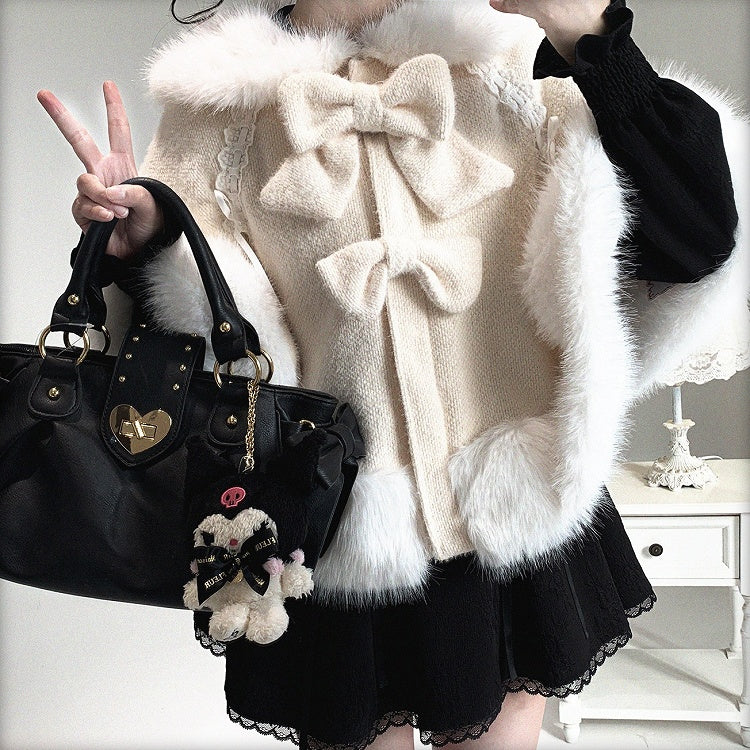 Decor Colors Design Bunny Faux Fur-Trimmed Drawstring Cape Ear with Kei Jirai Bow 3