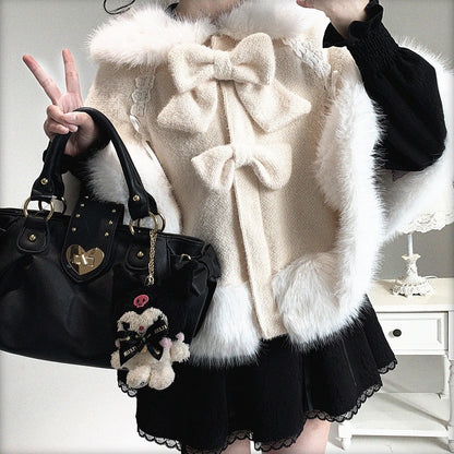 Decor Colors Design Bunny Faux Fur-Trimmed Drawstring Cape Ear with Kei Jirai Bow 3