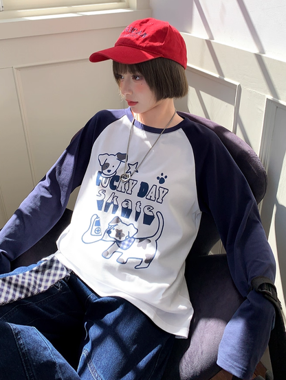 トップス ホワイト/ブルー カラーブロックデザイン 愛らしい子犬プリント ルーズ