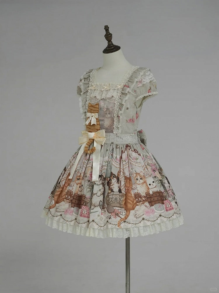Green Cat Print Square Neckline Sweet Lolita JSK Dress with Plush Cat Patch - NyaNya
