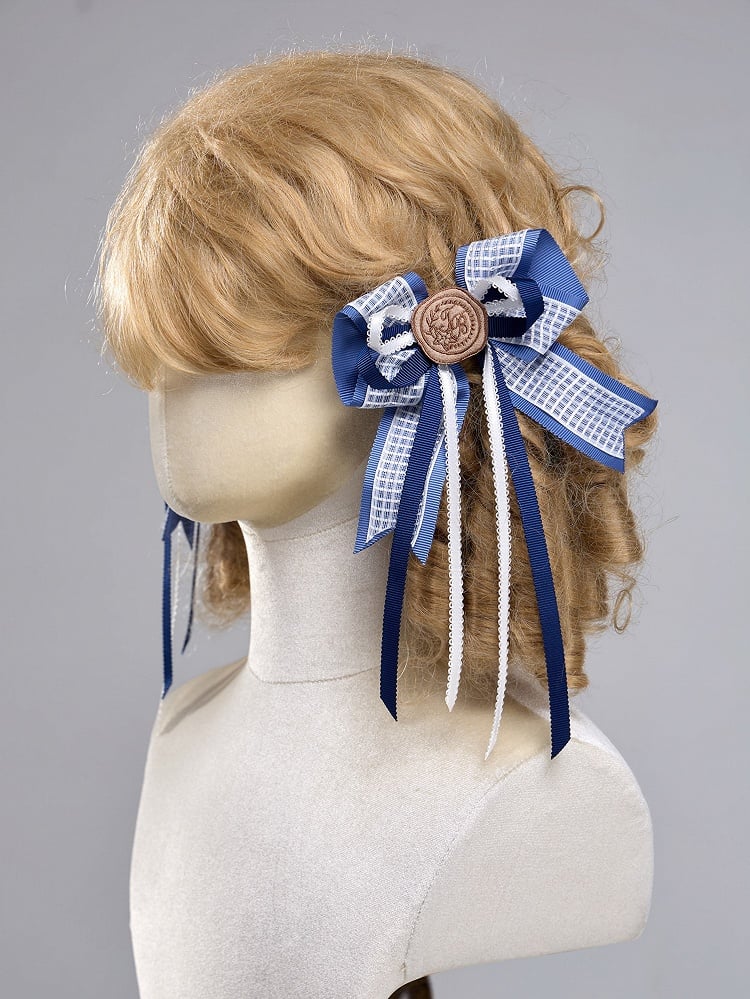 Long Ribbon Sailor Lolita Bow Hairclips with Wax Stamp - Twin Bear Original Design