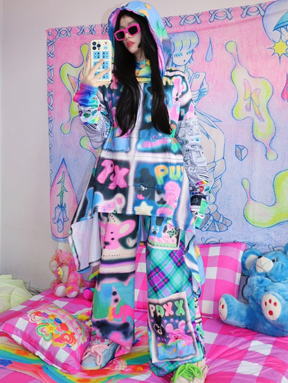 Hosen und Schlaghose Buchstaben Cartoon Muster Silhouette Y2K bunt kariert Print