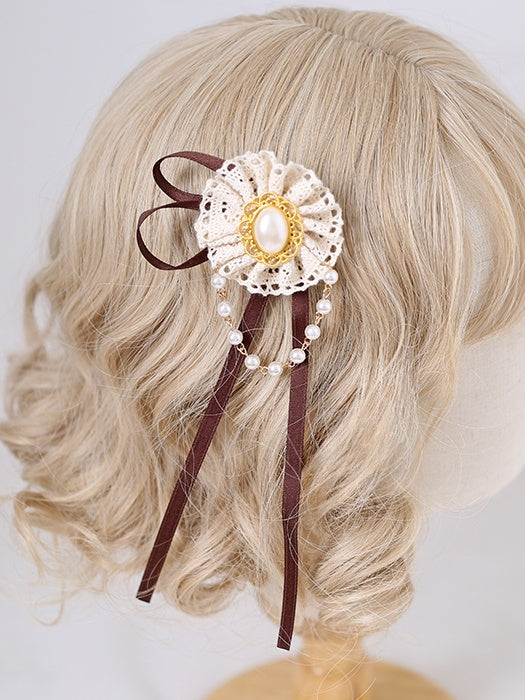 With Decorations Chain Hairclip Elegant Bead Ribbon Lolita Lace