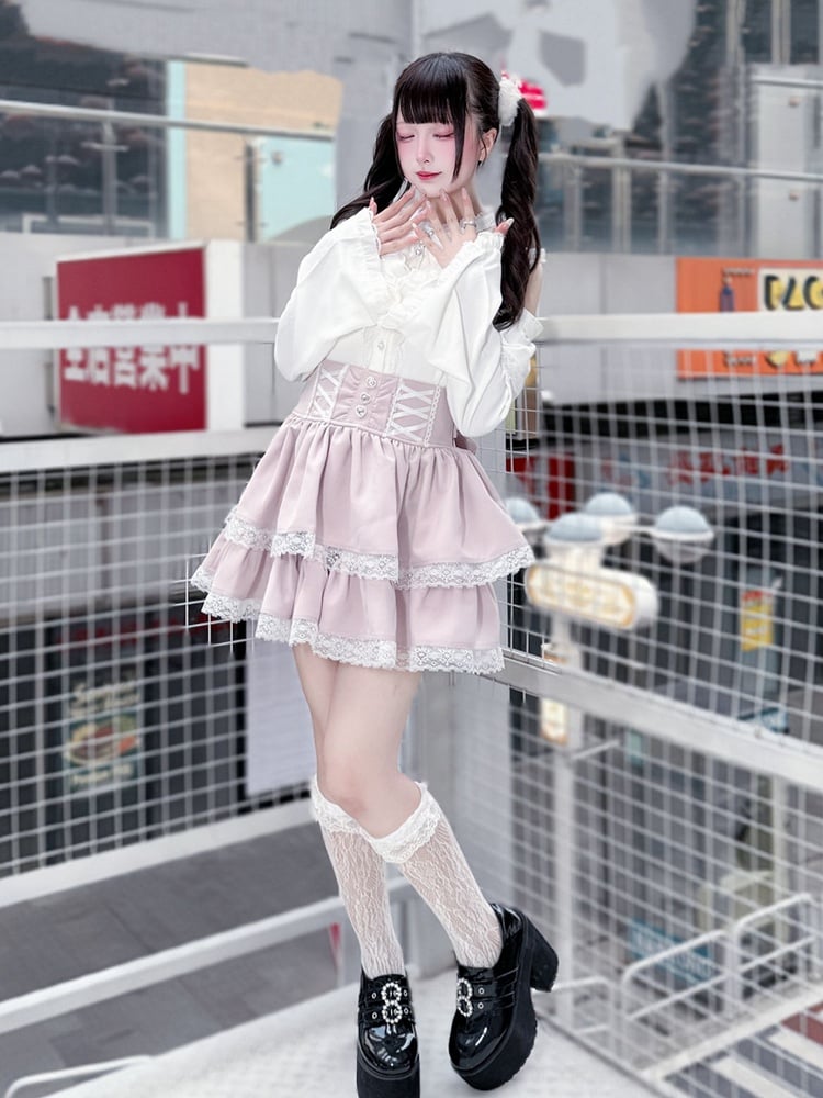 Sleeves with Shoulder Cutouts Jirai Top White Flared Outfit: Style Kei