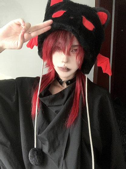 Y2K Devil Black Cat Plush Hat With Pompons