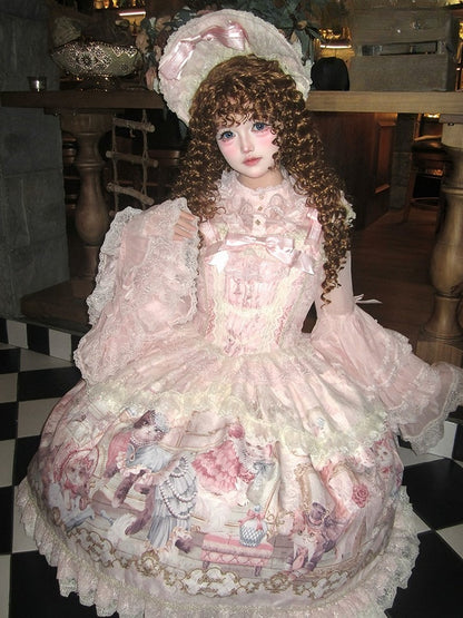 Sleeves Pink Cat Dress Flutter Trim and Bow Lace Print Accents Sweet with Lolita JSK