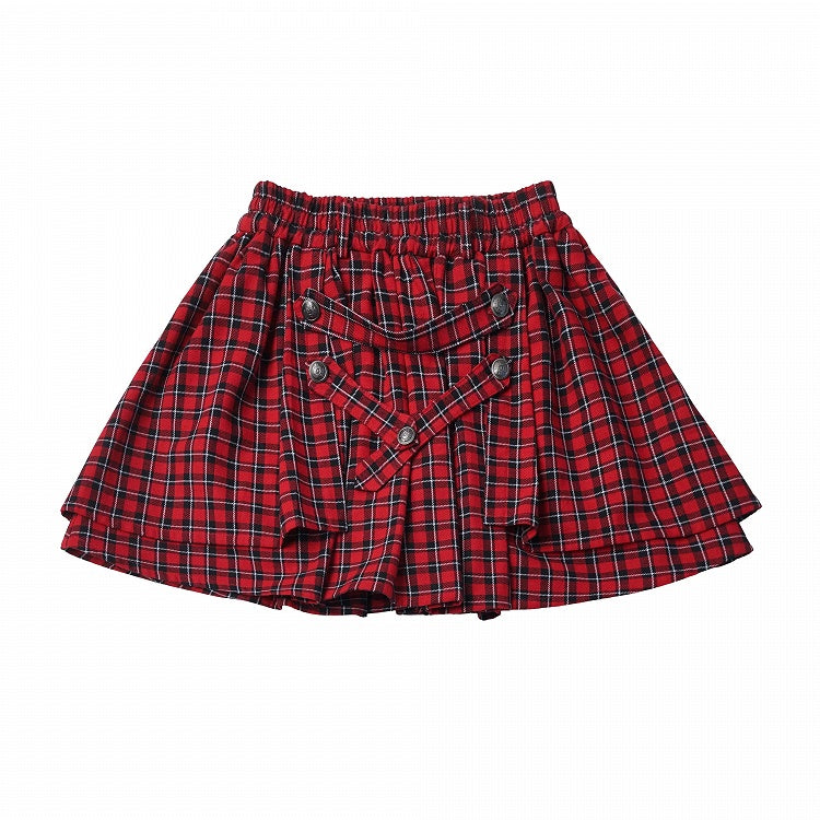 Red Plaid Skirt with Buttoned Strap Accents - PINK SAVIOR