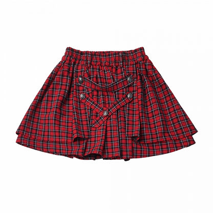 Red Plaid Skirt with Buttoned Strap Accents - PINK SAVIOR