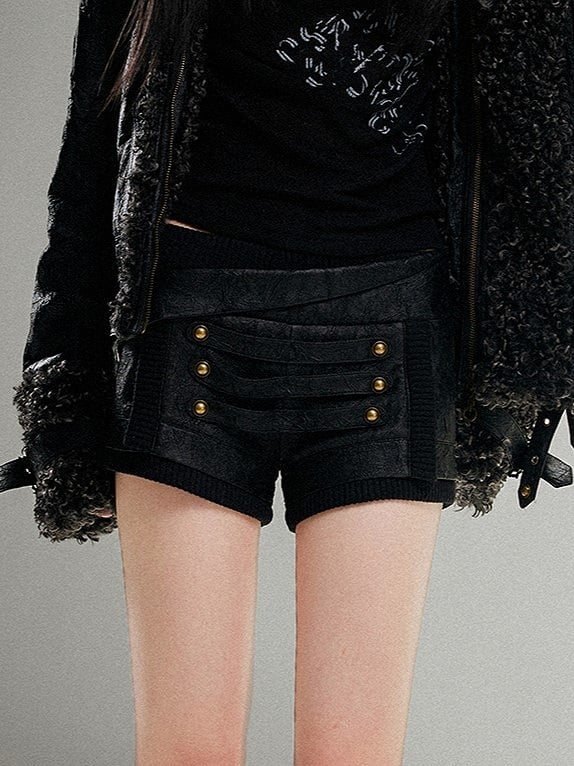 Vinatge Studs PU Strap Shorts Punk Textured with Metal Low-Rise Black Triple