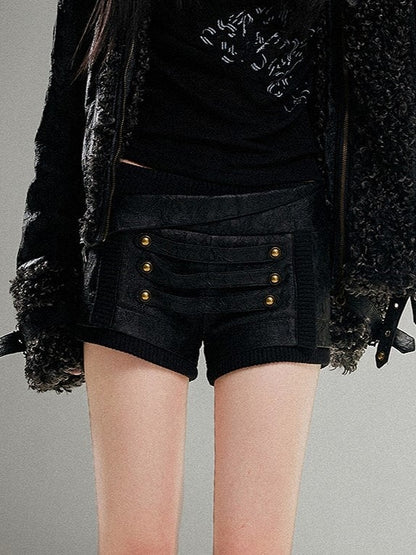 Vinatge Studs PU Strap Shorts Punk Textured with Metal Low-Rise Black Triple