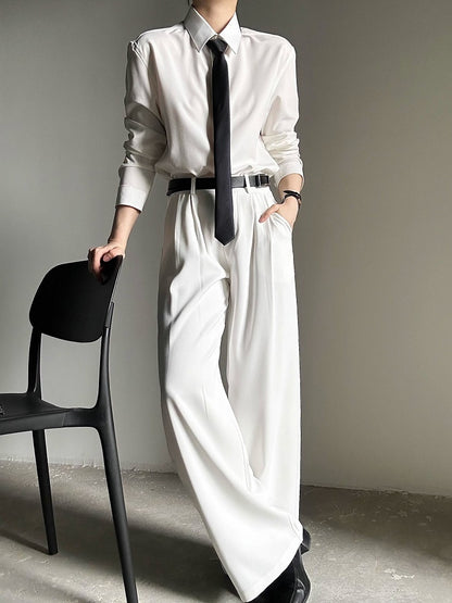 Ouji with Button Lolita Wide-Leg Pants  Fly White High-Waisted
