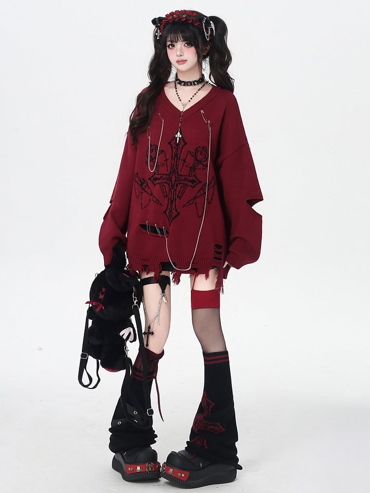 Warmers - Cross Black/Black Knitted Straps Pink/White Leg Design Asymmetrical Crisscross Y2K Pattern