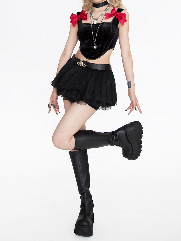 Schwarzes Tanktop aus Samt mit abgerundetem Saum und abnehmbarer roter Schleife