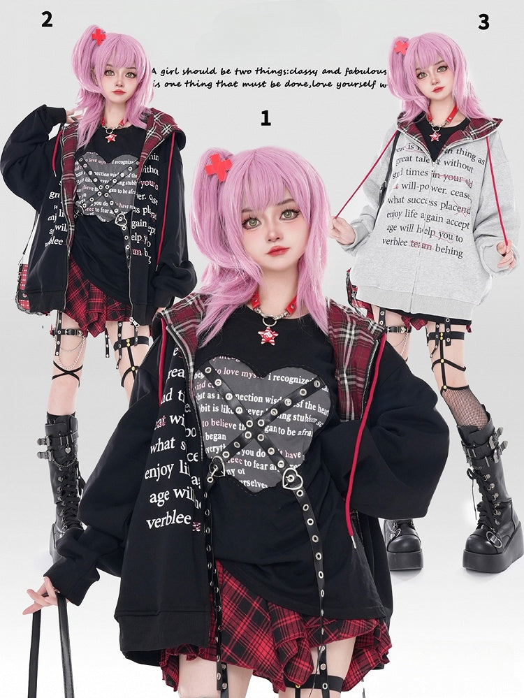 Y2K Black/Grey Letters Loose Zip Hoodie