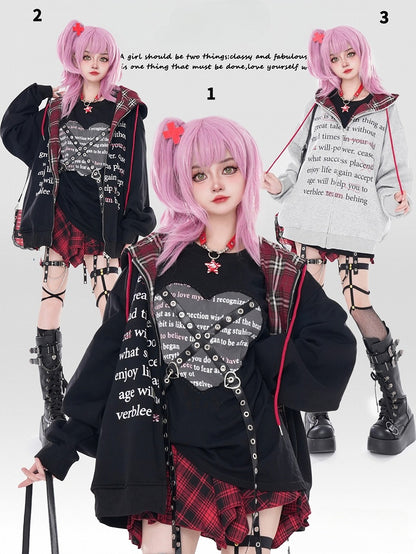 Y2K Black/Grey Letters Loose Zip Hoodie