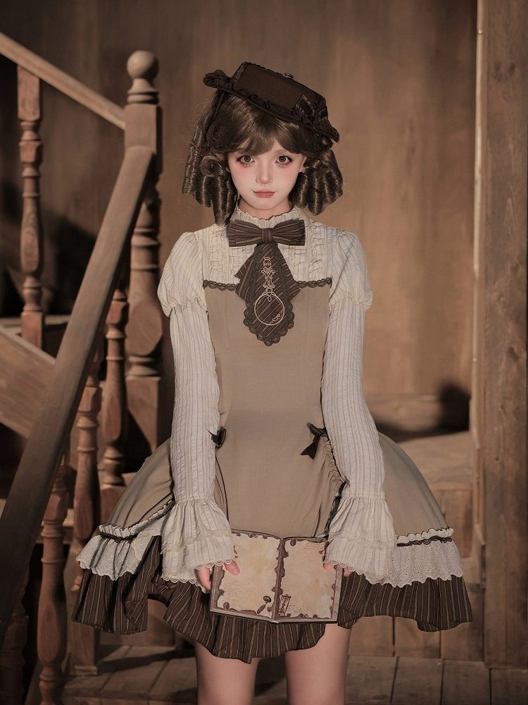 Brown Striped Faux-Layered Lolita Dress Set with Drawstring, Cape, Jabot & Mini Hat - With PUJI