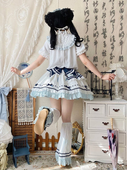 and White Banded Lolita Han Accents Blue Flower Collar Bow Dress with Puff Sleeves