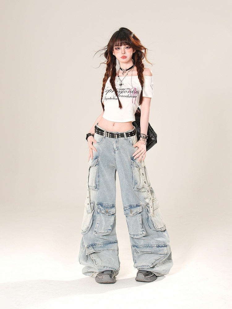 Blau/Schwarze Cargo-Jeans mit weitem Bein und niedriger Taille