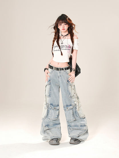 Blau/Schwarze Cargo-Jeans mit weitem Bein und niedriger Taille