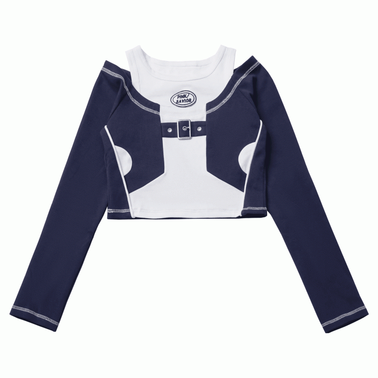 Blue and White Colorblock Shoulder Cutouts Techwear Long Sleeve Top with