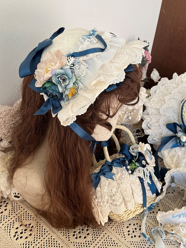 Lolita Beige Floral Design Blue Hat and