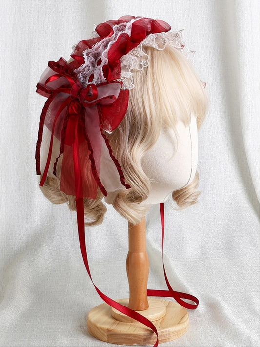 White Ribbon Lace Hairband Ruffled Red
