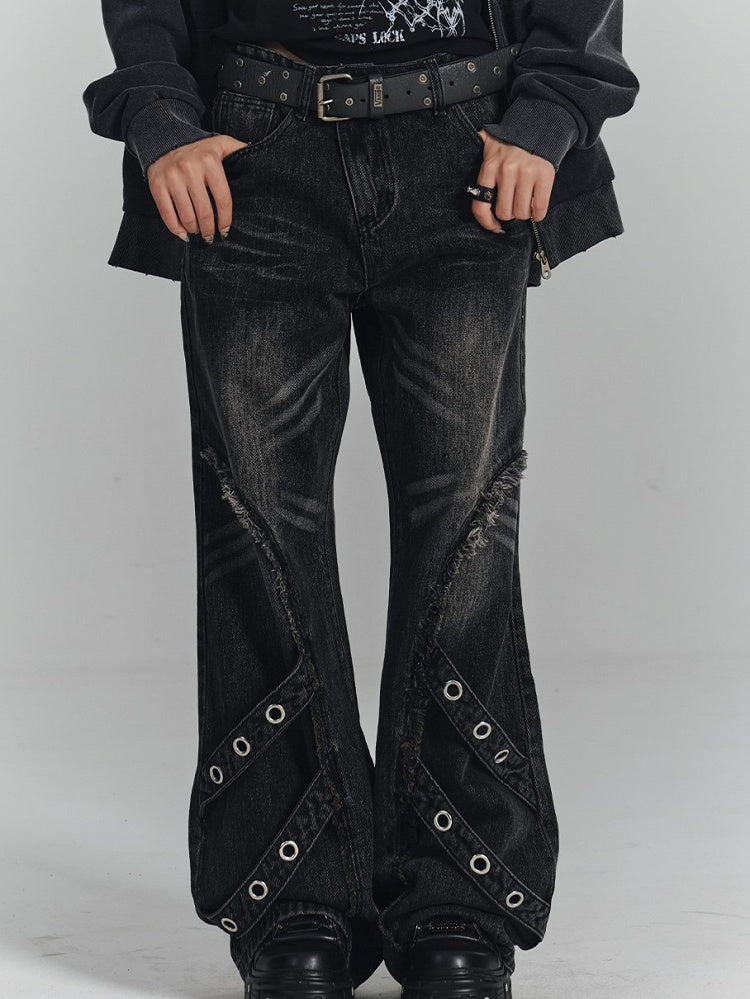 Punk Strips Denim Faded with Jeans Diagonal Raw Black Hem Wash Metal Eyelet