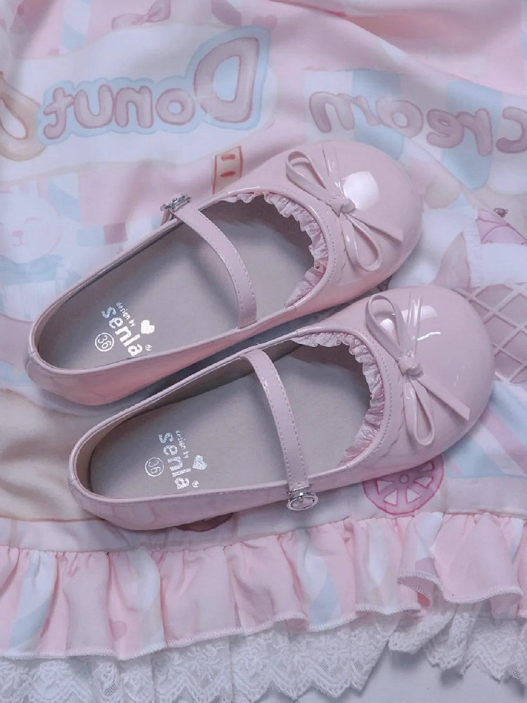 Knotted - Trim Top Round Lolita Flat Lace Shoes Sweet Pink Toe Bow