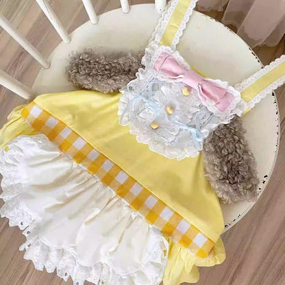 Dress Overall Sweet Apron Gingham Detail Lolita with Ear Puppy Yellow Design and