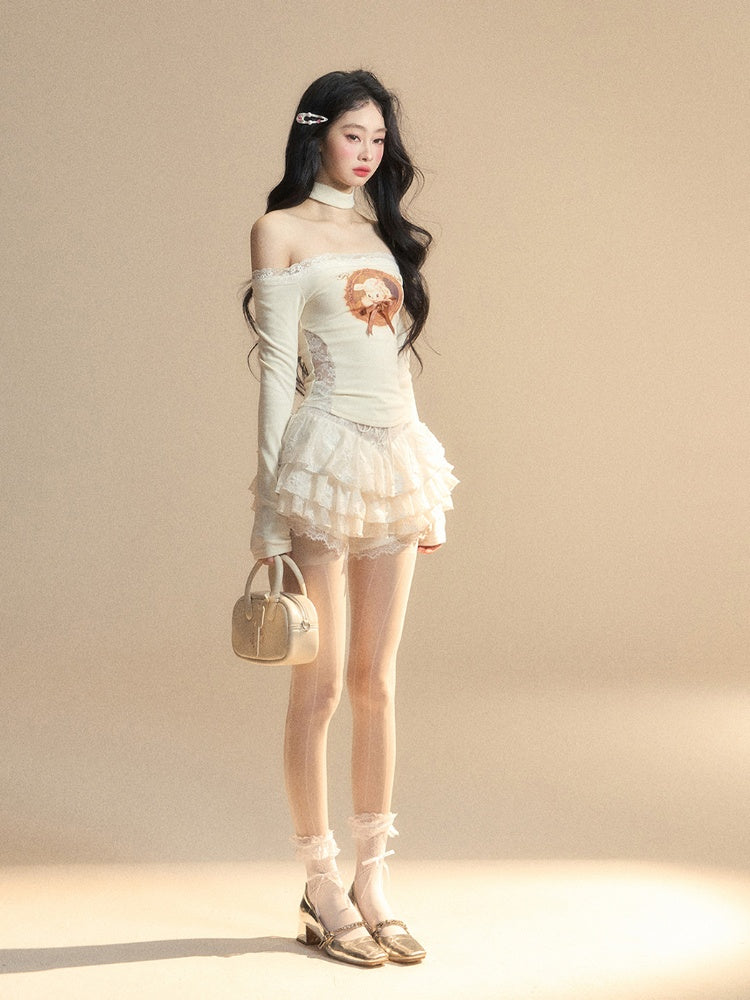 Lamm Print Taille Glamouröse Top Patches Apricot Off-the-Shoulder Spitzenausschnitt