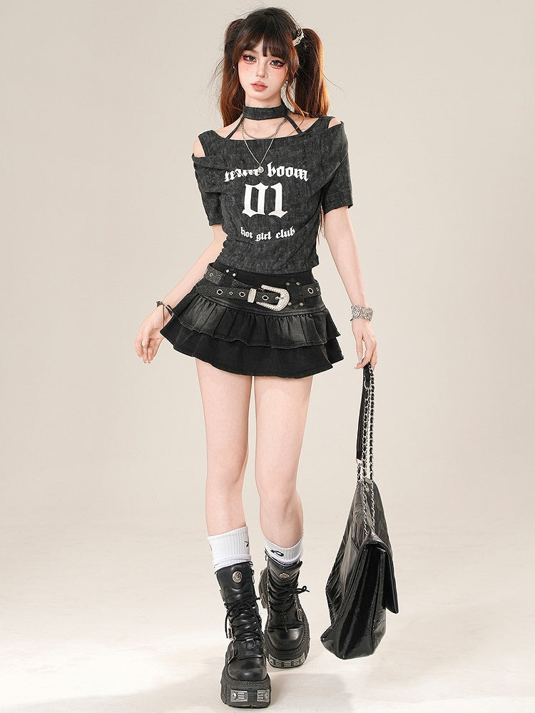 Glamorous Bittersweet Letter T-Shirt Nummer Grau/Schwarz und Aufdruck