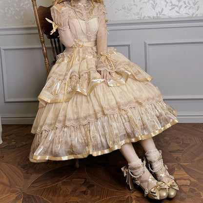 Ruffle Skirt Champagne Print and Kitty Bunny Lolita Tiered