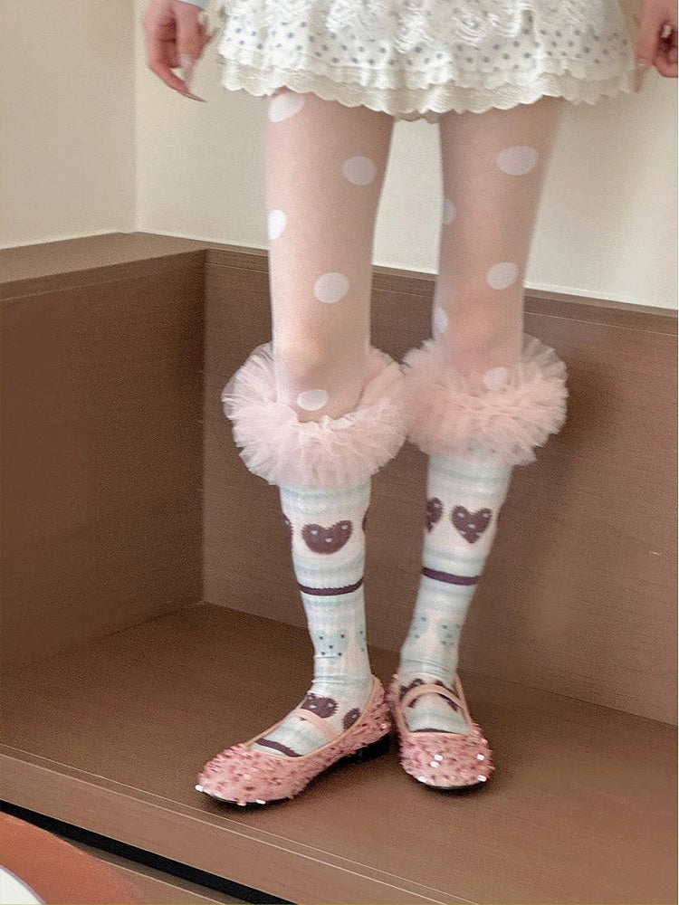 Socks Tulle Sweet Ruffle Pattern Heart Pink with Trim Calf