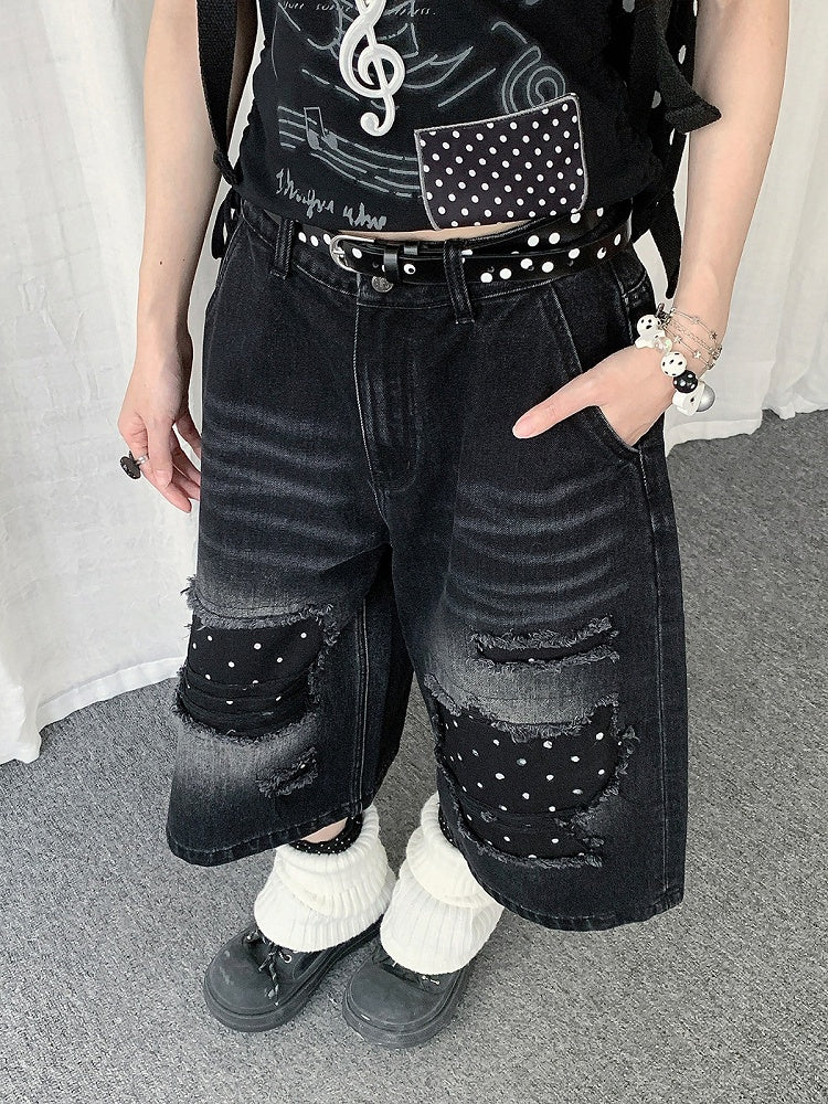 Black Distressed Wide Leg Jeans with Polka Dot Pattern - Solkatt