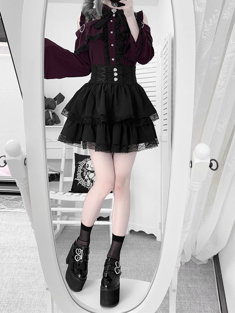 Sleeves Shoulders with Jirai Top Bell Set: Red Wine Open Kei Three-Piece