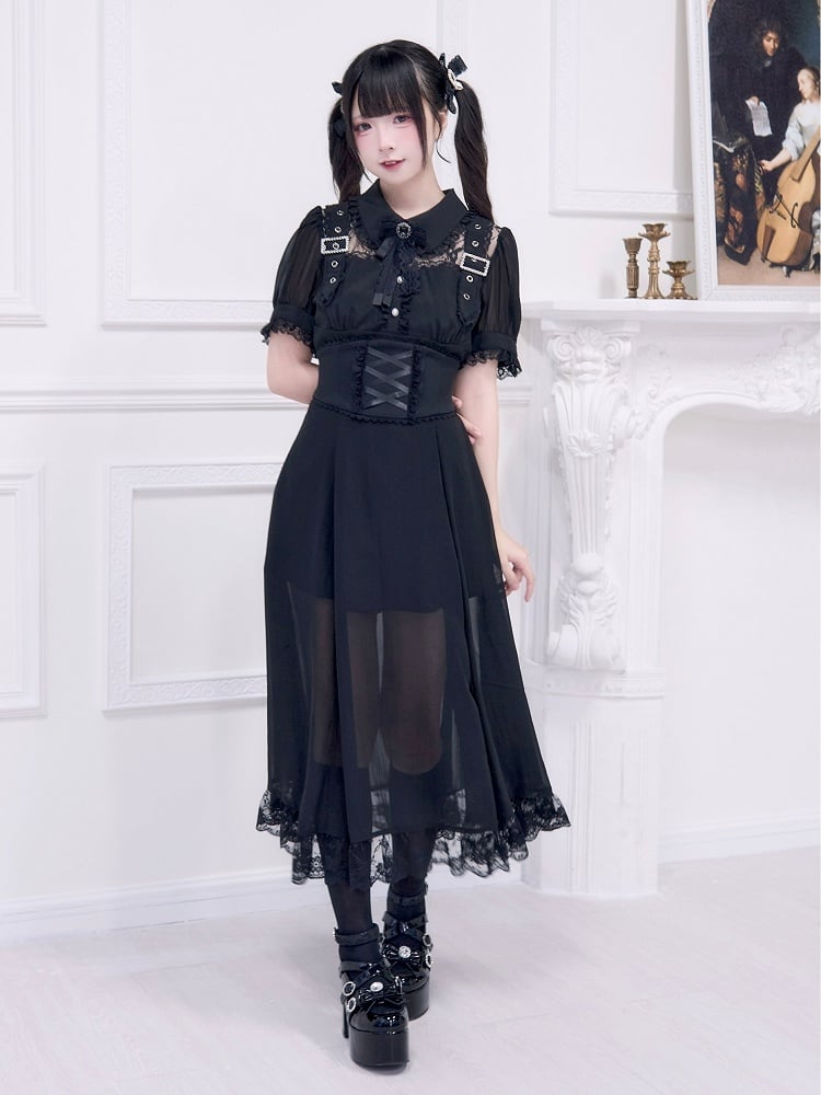 Illusion Schwarzes Ausschnittkleid Kostenloses Korsett Jirai Schnalle mit Gürtel verziert Kei Long