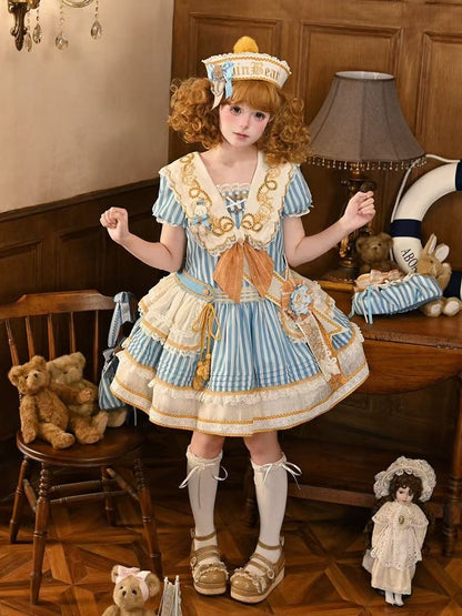Striped Low Waist Sailor Lolita Dress with Embroidered Collar - Twin Bear Original Design