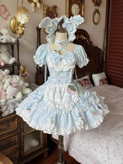 and Lace OP Cute Themed Baby with Polka Dress Blue Strawberry Dot Lolita Details Bow