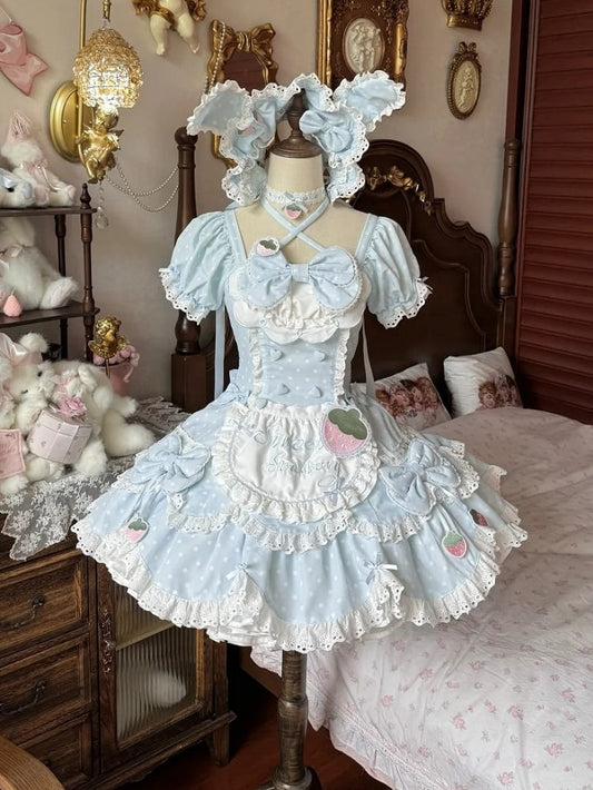 and Lace OP Cute Themed Baby with Polka Dress Blue Strawberry Dot Lolita Details Bow