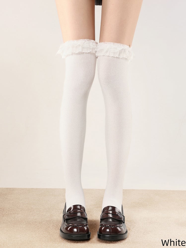 42CM with Bow Lolita Decoration White/Brown/Apricot Stockings Lace-Trimmed