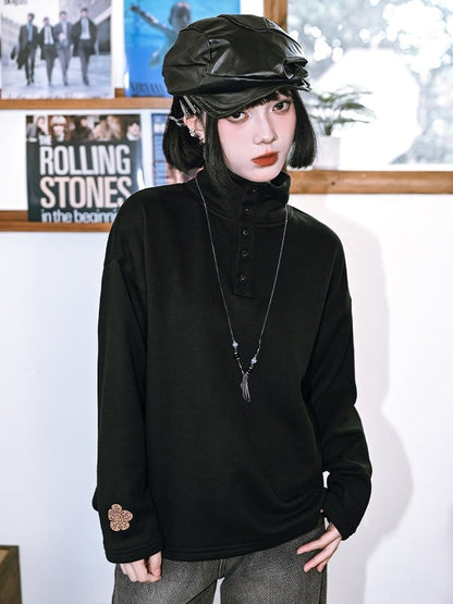 Long Sleeve Partial Placket - Gothic Black Neck Button Top Mock with Design